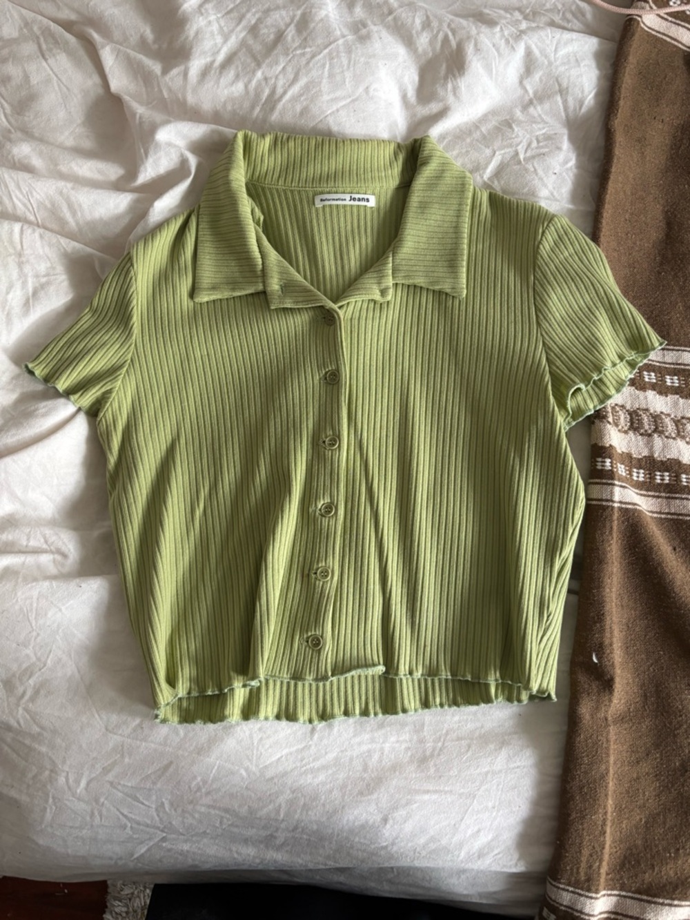 Reformation Light Green Ribbed Button-Front Collared Top